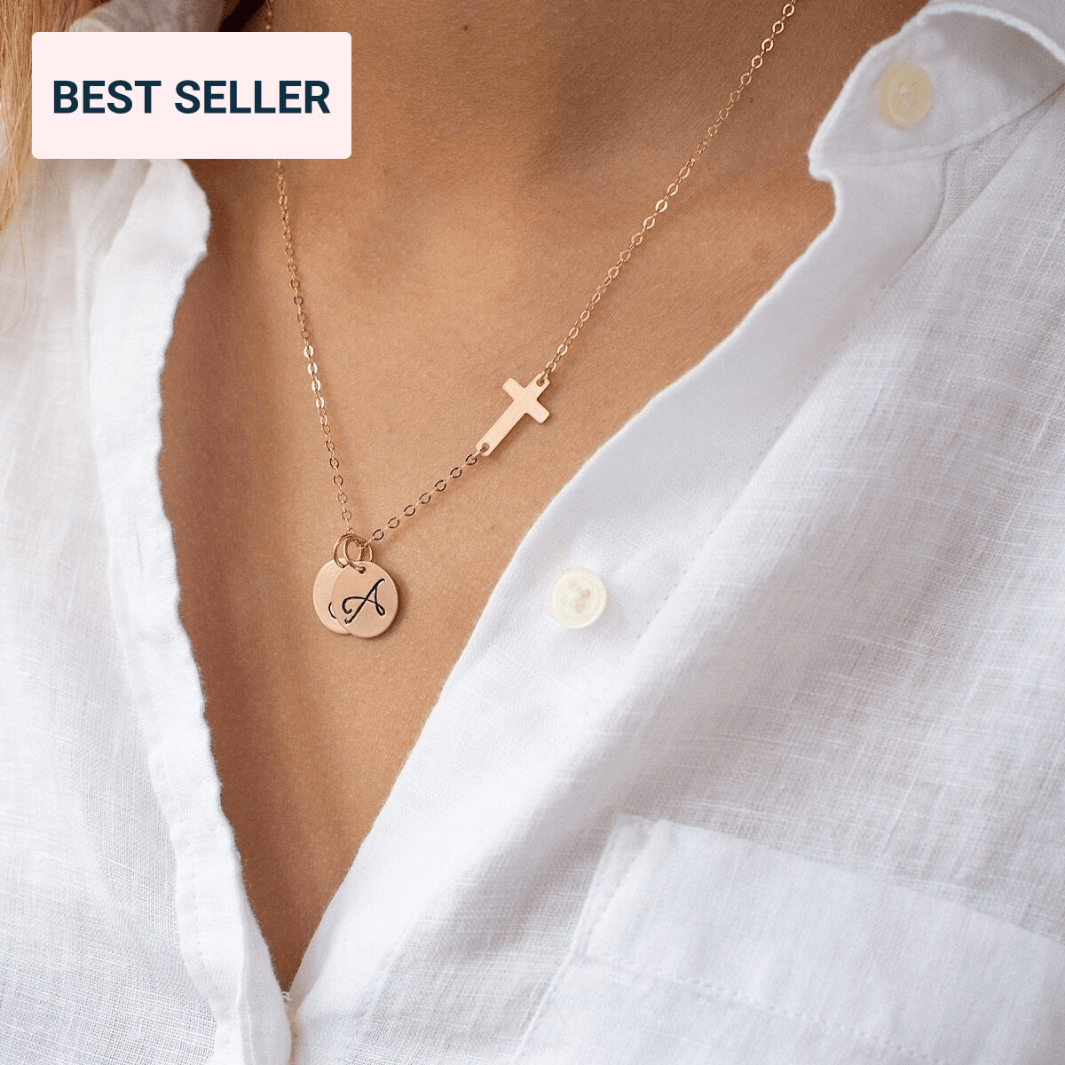 Personalized Small Sideways Cross and Circle Disc Charm Necklace, Initial  Round Tag Pendant Necklace, Religious Monogram Family Jewelry