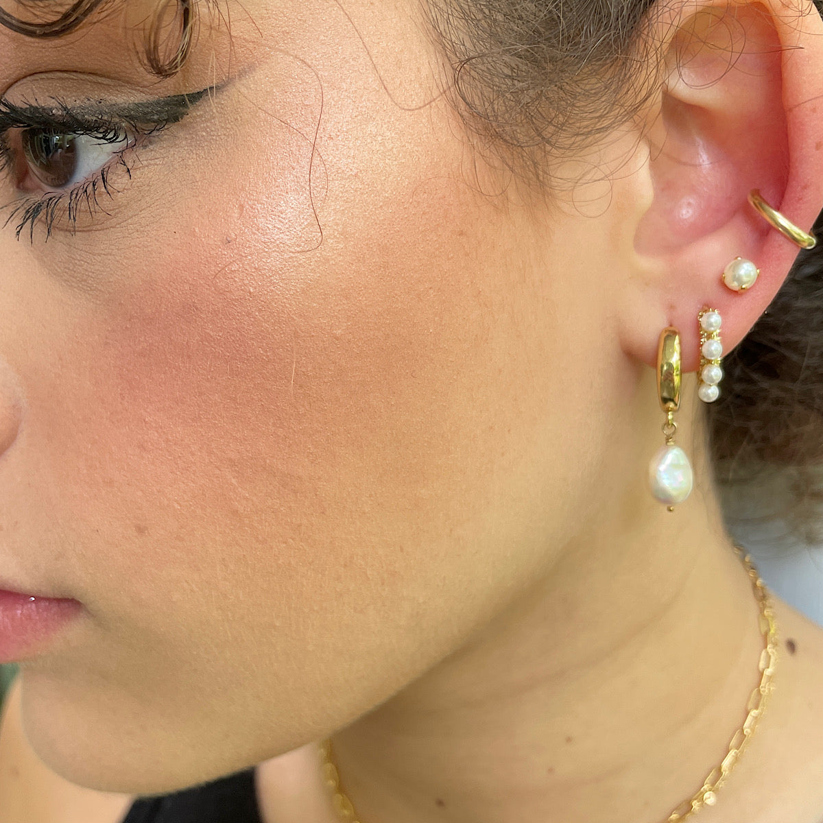 Pearl and CZ Crusted Huggie Hoops